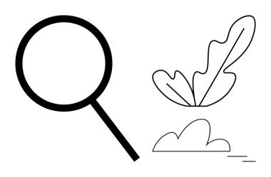 Soyut yaprak ve bulut tasarımlarının yanında büyüteç. Keşif, araştırma, doğa çalışması, çevresel farkındalık, bilimsel keşif, eğitim materyalleri, minimalist tasarım için idealdir. Basit.