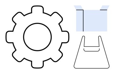 Vites çizgisi, açık kutu ve beyaz üzerine alışveriş torbası. Verimlilik, lojistik, perakende, verimlilik, paketleme endüstriyel tasarım için idealdir. Temiz çizgiler ve minimalist estetik