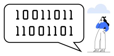 Arka planda ikili kod bulutu olan bir konuşma balonunun yanında duran ve düşünen kadın. Teknoloji, kodlama, iletişim, problem çözme, yenilik, veri analizi, hesaplama için ideal