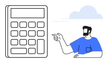 Üzerinde bulutlar olan mavi elbiseli bir adam olan büyük bir hesap makinesi. İş, finans, muhasebe, teknoloji, eğitim ve finansal planlama için idealdir. Modern basit soyut çizgi düz metafor
