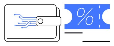 Elektronik devre şablonlu dijital cüzdan, içinde yüzde mavi bir sembol bulunan indirim kuponunun yanında. E-ticaret, dijital ödemeler, indirimler, teknoloji, fintech, alışveriş için ideal