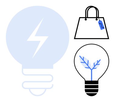 Fiyat etiketli alışveriş çantası, içinde enerji ve çevre dostu işaretler olan iki ampul. Yenilenebilir enerji, sürdürülebilirlik, yenilik, ticaret, çevre dostu ürünler, elektrik fikirleri için ideal
