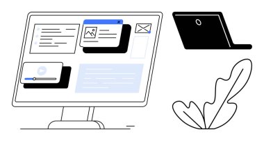 Çeşitli pencereli bilgisayar monitörü, siyah dizüstü bilgisayar ve yaprak filizi. Uzaktan çalışma, üretkenlik, teknoloji, dijital öğrenme, modern ofis, çevrimiçi iletişim soyut hattı için ideal