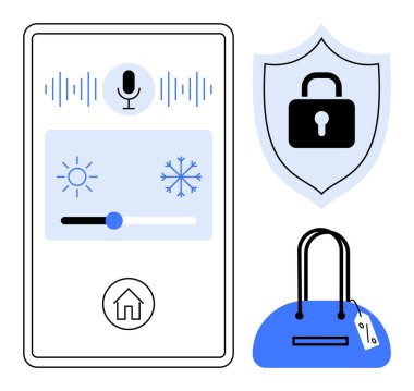 Mikrofon ikonlu ev otomasyon menüsü, güneş ve kar tanesi arasındaki sıcaklık kontrol kaydırıcısı, ev simgesi, kilitli kalkan, fiyat etiketli mavi alışveriş çantası. Akıllı ev ve ev güvenliği için ideal.