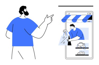 Çevrimiçi mağaza tasviri yapan ve alışveriş torbaları tutan büyük boy akıllı telefon ekranını gösteren bir adam. E-ticaret, dijital perakende, sanal alışveriş deneyimleri, çevrimiçi işlemler, mobil işlemler için ideal