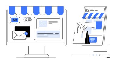 E- posta bildirimi ve dijital ödemeyle çevrimiçi mağaza arayüzünü gösteren masaüstü ekranı. Akıllı telefon ekranından el ele alışveriş torbaları. eCommerce, online alışveriş, dijital pazarlama için ideal