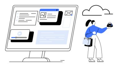 Kadın, bulut simgesi ile çevrili, birden fazla açık pencereli, dizüstü bilgisayarında online alışveriş seçeneklerini araştırıyor. E-ticaret, çevrimiçi alışveriş, dijital pazarlama, bulut depolama, kullanıcı arayüzü için ideal