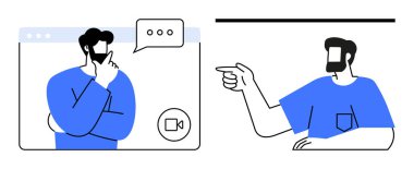 Elleri çenesinde düşünen bir adam arayüzü arıyor. Yanında başka bir işaret eden adam var. Uzaktan iletişim için ideal, çevrimiçi toplantılar, sanal işbirliği, sosyal etkileşimler, beyin fırtınası