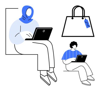 İki kişi dizüstü bilgisayar kullanıyor, biri türban takıyor, diğeri de çizgili gömlek giyiyor. Yanında indirim etiketi olan bir alışveriş çantası. E-ticaret, uzaktan çalışma, çeşitlilik, teknoloji ve çevrimiçi alışveriş için ideal