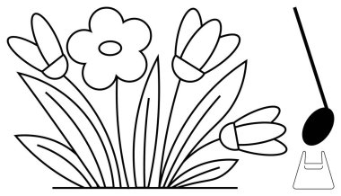 Çiçekler açarken tek bir damla onları sulamak üzere. Büyüme, yetiştirme, doğa, basitlik, gençleşme, minimalizm, bahar zamanı için ideal. Soyut çizgi düz metafor