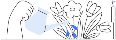 Çiçeklerin üzerine su döken bir su bidonu. Büyüme, yetiştirme, bakım, gelişme, bahçıvanlık, sürdürülebilirlik, motivasyon soyut çizgi düz metafor için ideal