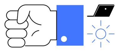 Mavi kollu bir gömlekle, eli kapalı bir dizüstü bilgisayarın ve güneşli bir güneşin yanında sıkıştı. Üretkenlik için ideal, sıkı çalışma, odaklanma, disiplin, kırılma, iş-yaşam dengesi, günlük rutin