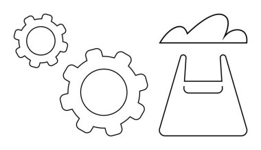 Birbirine kenetlenmiş iki vites ve huninin üstünde bir bulut. Teknoloji yeniliği, bulut entegrasyonu, endüstriyel otomasyon, veri işleme, sistem optimizasyonu, dijital dönüşüm, verimli