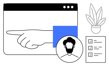Pencerede üç nokta, portre tutacağı, mavi işaretli kontrol listesi ve saksı bitkisi var. Üretkenlik, görev yönetimi, organizasyon, takım çalışması, dijital iş akışı için ideal