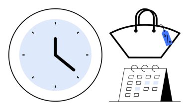 Büyük saat, üzerinde fiyat etiketi olan el çantası ve masa takvimi zaman, zamanlama, alışveriş ve günlük işleri planlama konularını ortaya koyuyor. Üretkenlik, zaman yönetimi, perakende alışveriş yaşam tarzı için ideal