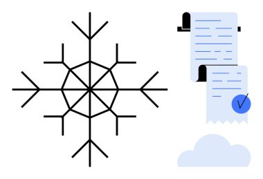 Detaylı bir kar tanesi ve üzerinde işaret ve bulut olan bir belge. Kış temaları için ideal. Mevsimlik hatırlatıcı evrak işleri, minimalist grafikler ve basit tasarımlar. Temiz tasarım biçimi