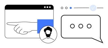 Bir web sayfası penceresinden el işareti, bir kullanıcı avatarı, ve elipsli bir sohbet balonu. Dijital iletişim, çevrimiçi etkileşim, sosyal medya, mesajlaşma platformları, kullanıcı arayüzü tasarımı için ideal