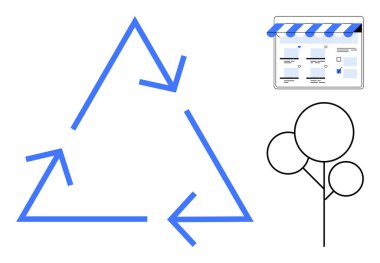 Minimalist siyah ağaç ve mavi çizgili tente vitrinli mavi üçgen geri dönüşümlü oklar. Sürdürülebilirlik, e-ticaret, çevre dostu iş, çevre koruma, geri dönüşüm için ideal