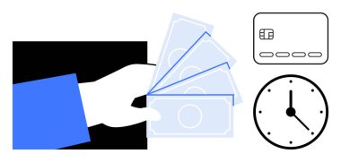 Kredi kartı ve saatin yanında el ele tutuşmak, mali işlemleri, bütçe hesaplamalarını ve zaman yönetimini sembolize ediyor. Finans, bankacılık, bütçe, yatırım, iş izleme için ideal