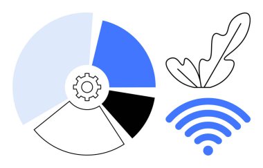 Ortasında vites simgesi olan turta grafiği stilize edilmiş yaprak ve kablosuz sinyal simgesi. Teknoloji entegrasyonu, doğa, veri analizi, bağlantı, yenilik eko-teknoloji ve denge için idealdir. Yayar