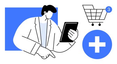 Doktor elinde tıbbi bir haçı işaret eden bir tablet ve tebligat tezgahı olan bir alışveriş arabası ikonu tutuyor. Teletıp, sağlık uygulamaları, sanal konsültasyonlar, online eczane, e-ticaret için ideal