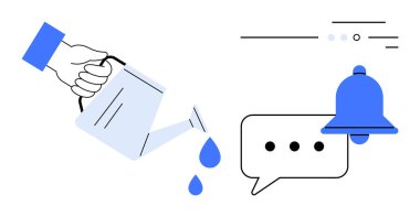 Sulama, uyarı çanının üzerine su dökebilir ve sohbet baloncuğu simgeleri iletişimi sembolize eder. Dijital hatırlatıcılar, iletişim araçları, mesajlaşma uygulamaları, uyarılar, sosyal iletişim araçları için ideal