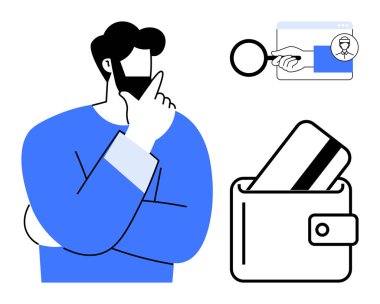 Eli çenesinde dalgın bir adam, büyüteç ve online arama, cüzdanında kredi kartı. Çevrimiçi güvenlik, finans, kimlik doğrulama, kişisel güvenlik, internet gizliliği, dolandırıcılık için ideal