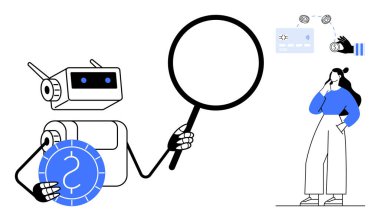Büyüteç ve para birimi işareti olan robot, grafik arayüzü düşünen kadın. Teknoloji, finansal analiz, yapay zeka araştırması, siber güvenlik, yatırım, veri analizi, kullanıcı