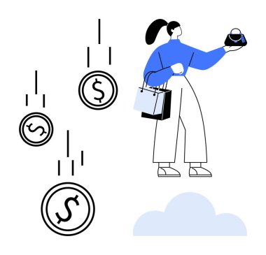 Kadın alışverişçi bir çanta ve içinde bozuk paralar olan bir alışveriş çantası tutuyor. E-ticaret, mali tasarruflar, bütçe, tüketici harcamaları, ekonomik kavramlar, zenginlik yönetimi ve perakende satış için ideal