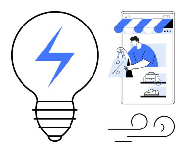 Mavi yıldırımlı ampul, cep telefonu mağazasında alışveriş çantalı biri. Yenilik için ideal, çevrimiçi perakende, e-ticaret, dijital alışveriş, müşteri ilişkileri, modern teknoloji