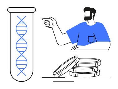Test tüpündeki DNA sarmalı, mavi gömlekli adam, istiflenmiş paralar. Genetik, sağlık fonu, biyoteknoloji, yenilik, bilimsel araştırma yatırım stratejisi için idealdir. Soyut