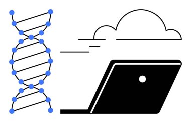 Dizüstü bilgisayar ve bulut simgesinin yanında mavi düğümlü DNA çift sarmalı. Dijital biyoloji, biyoteknoloji, veri analizi, bulut hesaplaması, genetik, bilimde yenilik, teknoloji gibi konular için ideal