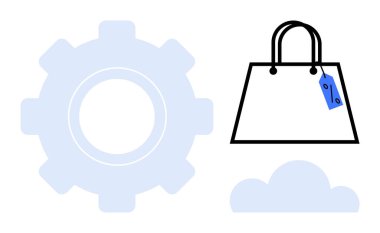 Bulutun yanında mavi etiketli vites ve alışveriş çantası. Çevrimiçi alışveriş, dijital pazarlama, teknoloji entegrasyonu, bulut hesaplaması, perakende stratejisi, otomasyon için ideal. Minimalist