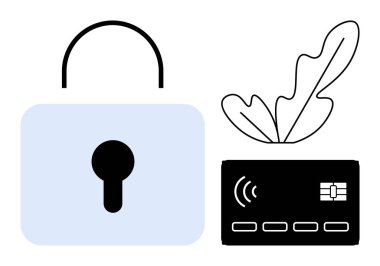 Asma kilit ve ulaşılamaz kredi kartı güvenlik ve fintech yeniliklerini yansıtıyor. Yaprak büyümeyi simgeler. Dijital güvenlik, fintech, ödeme çözümleri, finansal büyüme, çevrimiçi işlemler için ideal