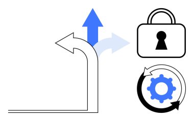 Yukarı doğru ayrılan oklar, güvenlik kilidi ve dairesel oklu teçhizatlar seçenekleri ve ilerlemeyi gösteriyor. Strateji, siber güvenlik, iş akışı, süreç iyileştirmesi, yenilik, büyüme kararları için ideal