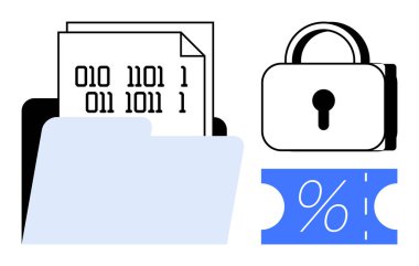 İkili kodlu kağıtlar içeren klasör, güvenliği simgeleyen asma kilit simgesi, yüzde kuponu. Veri koruması, siber güvenlik, şifreleme, dosya yönetimi, bilgi güvenliği için ideal