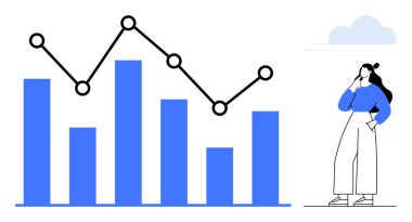 Bar ve çizgi grafiği üzerinde düşünen kadın, veri eğilimlerini ve piyasa araştırmalarını analiz etmeyi temsil ediyor. İş stratejisi için ideal, veri görselleştirme, karar verme, performans analizi, mali