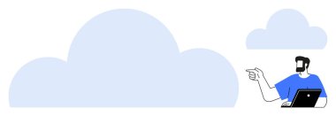 Dizüstü bilgisayarı tutan adam, büyük mavi bulutu işaret ediyor. Bulut hesaplama, veri depolama, teknoloji, yenilik, iletişim, dijital dönüşüm uzaktan çalışma için idealdir. Soyut çizgi düz metafor