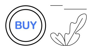 Circular Buy button with blue text, simple lines, and a stylized leaf element. Ideal for e-commerce, online shops, product pages, marketing, user interface design, digital stores technology themes