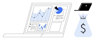 Bilgisayarda grafikler ve çizelgeler var. Yanında dolar işareti olan bir çanta dolusu para. Finans, iş stratejisi, veri analizi, yatırım, ekonomik büyüme, piyasa araştırması, finans