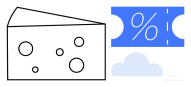 Cheese slice with holes next to a blue discount coupon, a cloud below. Ideal for grocery deals, food discounts, marketing, store promotions, budgeting, savings strategies, abstract line flat metaphor clipart