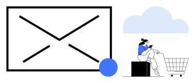 Tablet kullanan bir kadın, alışveriş arabasının yanında bir kutunun üzerinde oturuyor. Önde büyük bir zarf ve mavi daire, arkada bulut. E-ticaret, e-posta pazarlama, bulut hizmetleri, dijital için ideal