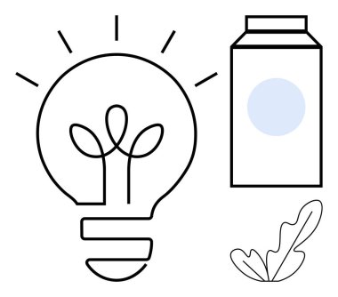 İçinde bitki olan bir ampul, bir karton kutu ve bir yaprak yenilik, sürdürülebilirlik ve geri dönüşüm temaları çağrıştırıyor. Çevre kavramları için ideal, çevre dostu girişimler, yaratıcı fikirler, yenilenebilir kaynaklar