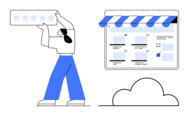 Çevrimiçi bir mağaza arayüzünün yanında beş yıldızlı bir dereceyi elinde tutan kişi, dükkanın güvenilirliğini artırıyor. Ecommerce, müşteri geribildirimi, reytingler, çevrimiçi değerlendirmeler, dijital pazarlama, kullanıcı için ideal