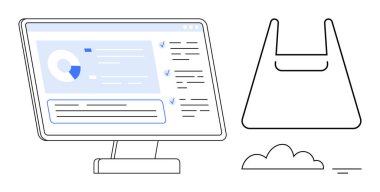 Bilgisayar monitörü analitiği çizelgeler, listeler ve kontrollerle, minimalistik alışveriş torbası ve bulut çizgisi sanatı ile birlikte gösteriyor. Veri analizi, sürdürülebilirlik, çevre dostu kavramlar ve bulut için ideal
