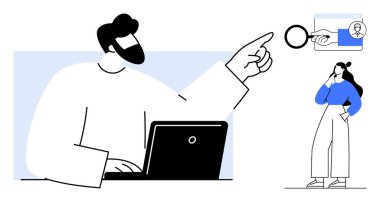 Dizüstü bilgisayar kullanan bir adam, bir kadının elinde tuttuğu büyüteç denetleme kartını işaret ediyor. Çevrimiçi güvenlik, kimlik doğrulama, veri koruması, dijital mahremiyet, kimlik doğrulama süreçleri için ideal