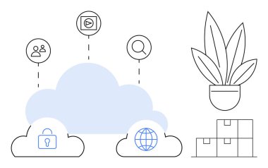 Kilit, küre, kullanıcı, arama ve noktalı satırlarla birbirine bağlı simgeleri çalan bulut. Saksı bitkisi ve istiflenmiş kutular. Bulut hizmetleri, güvenlik ve ağ depolama verileri için ideal dijital