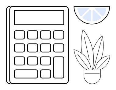 Hesap makinesi, limon dilimi ve saksı bitkisi iş ve rahatlama dengesini vurguluyor. Üretkenlik, ofis hayatı, finans, iş yükü dengesi, yaratıcılık, taze başlangıç ve refah için ideal