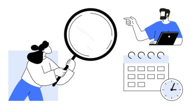 Elinde büyüteç tutan kadın, dizüstü bilgisayarı, takvimi ve saati olan adam. Proje planlama, zaman yönetimi, takım çalışması, veri analizi, organizasyon verimlilik takvimi için ideal. Soyut