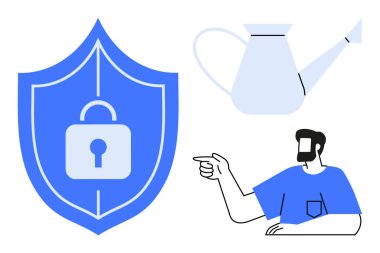 Kilitli bir kalkan, su kovası ve işaret eden bir adam. Güvenlik, büyüme, yön, rehberlik, koruma ve etkileşim temaları için idealdir. Mavi ve beyaz düz minimalist soyut çizgi